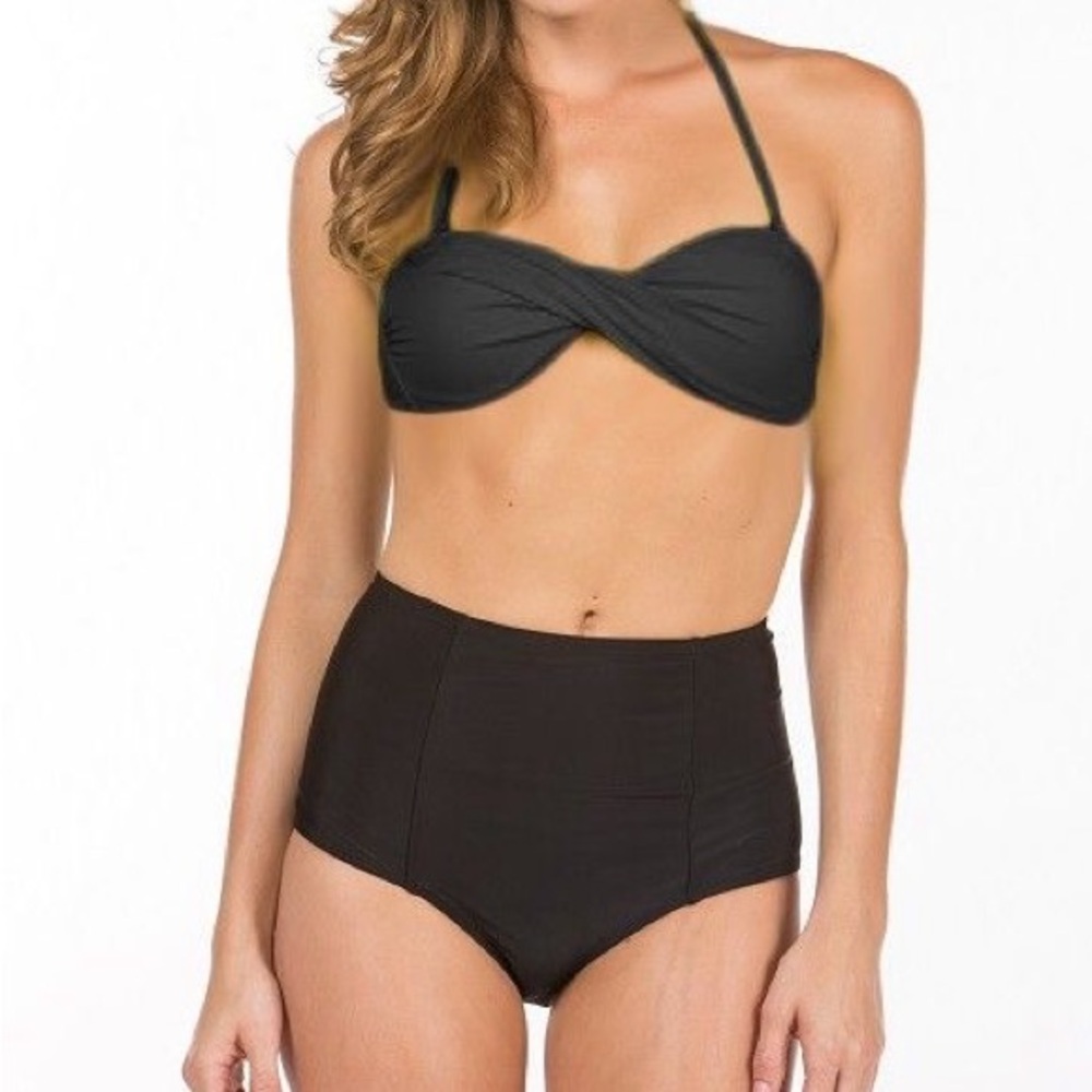 Twist Bandeau High Waist Bikini Set in Black